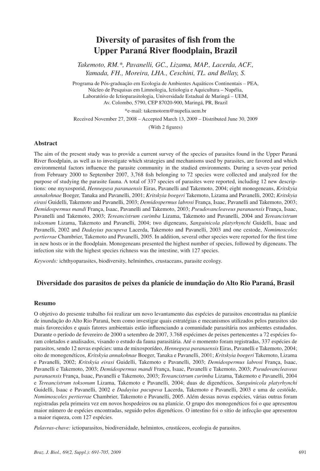 Diversity of Parasites of Fish from the Upper Paraná River Floodplain, Brazil
