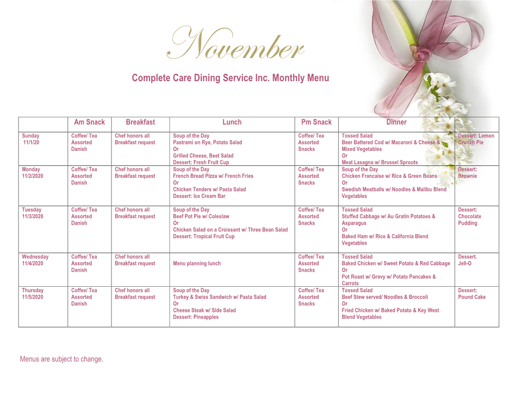 Complete Care Dining Service Inc. Monthly Menu