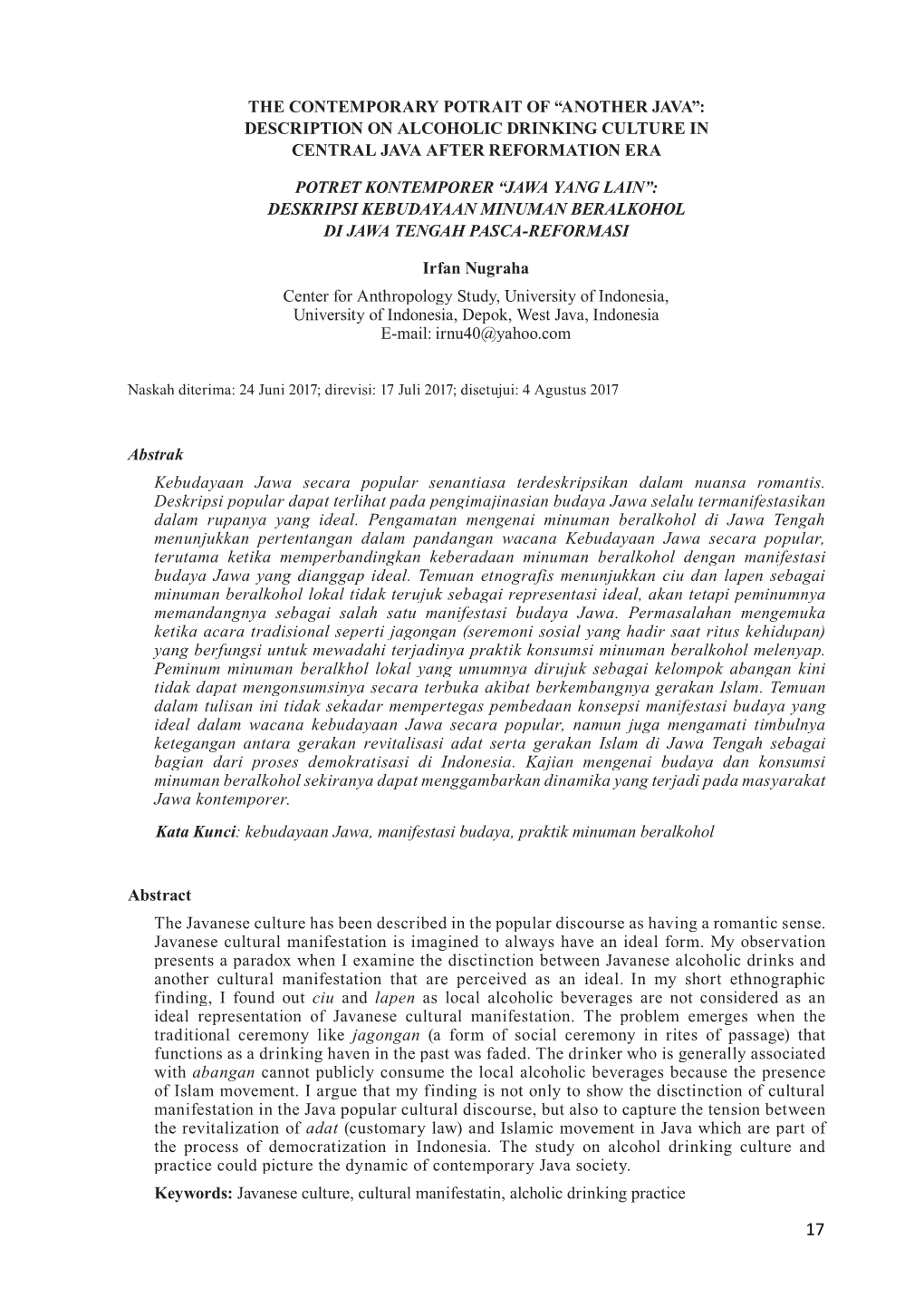 The Contemporary Potrait of “Another Java”: Description on Alcoholic Drinking Culture in Central Java After Reformation Era