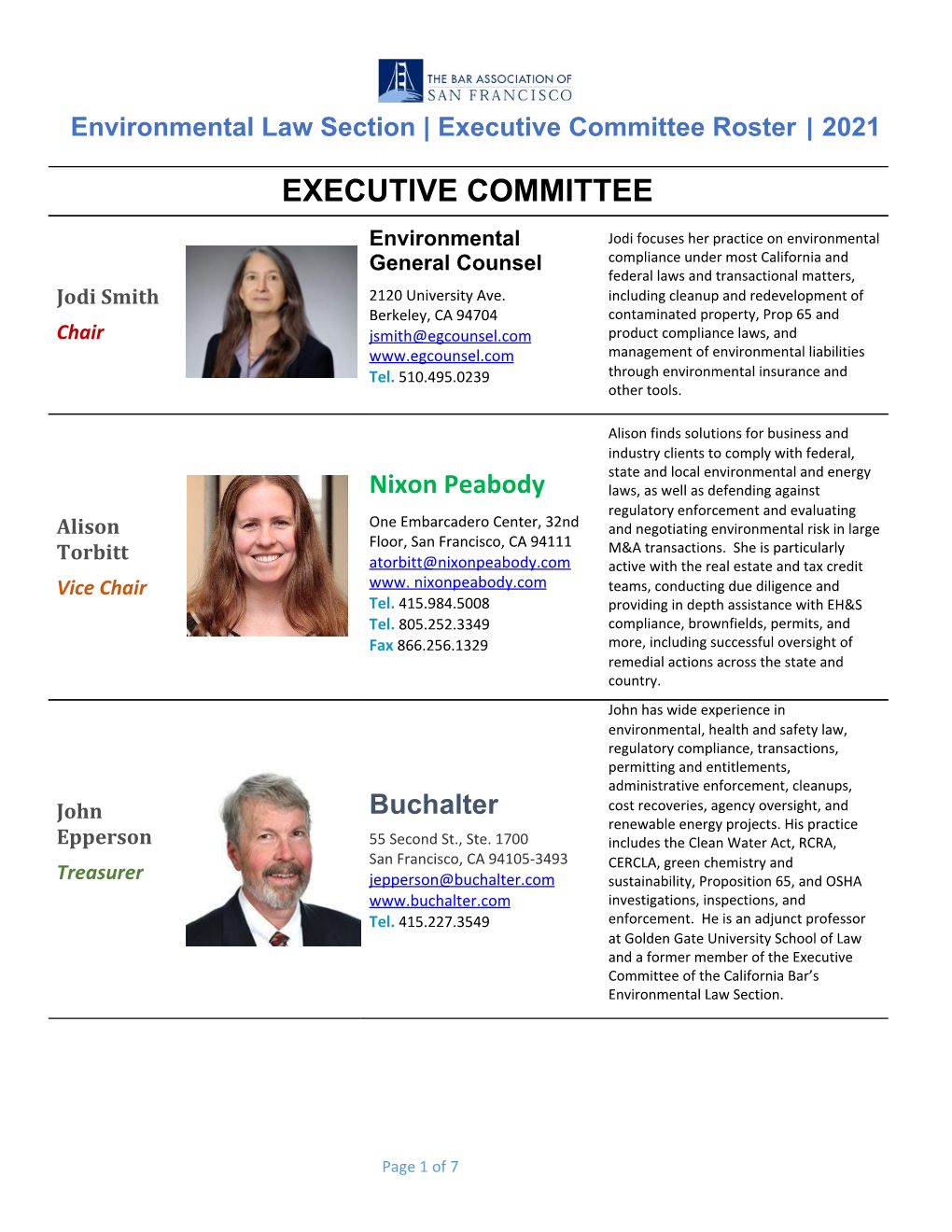 Environmental Law Section | Executive Committee Roster | 2021 ​ ​