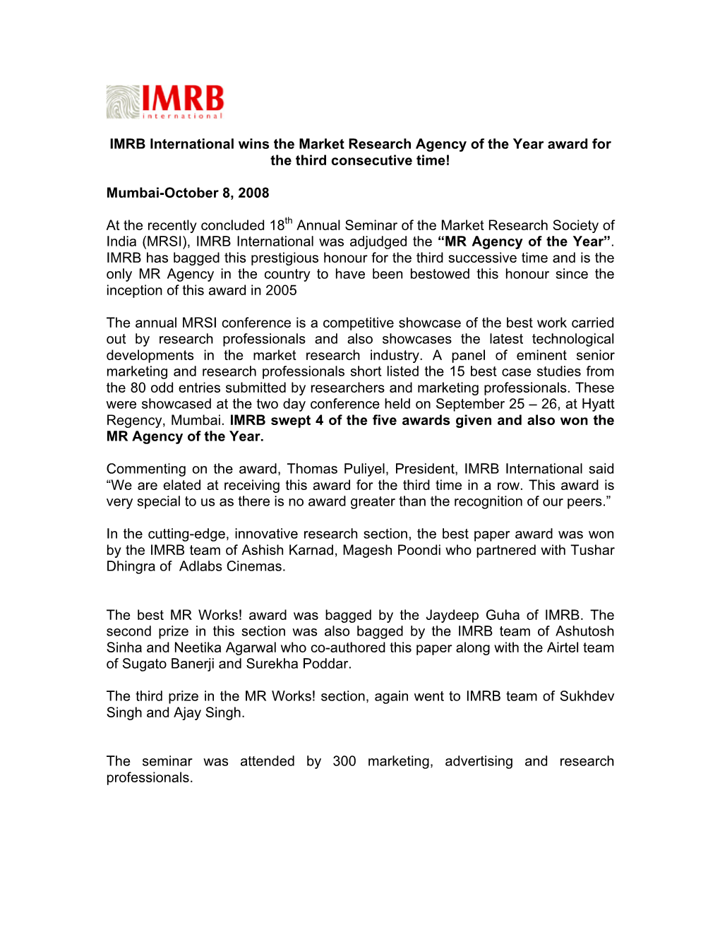 IMRB International Wins the Market Research Agency of the Year Award for the Third Consecutive Time!