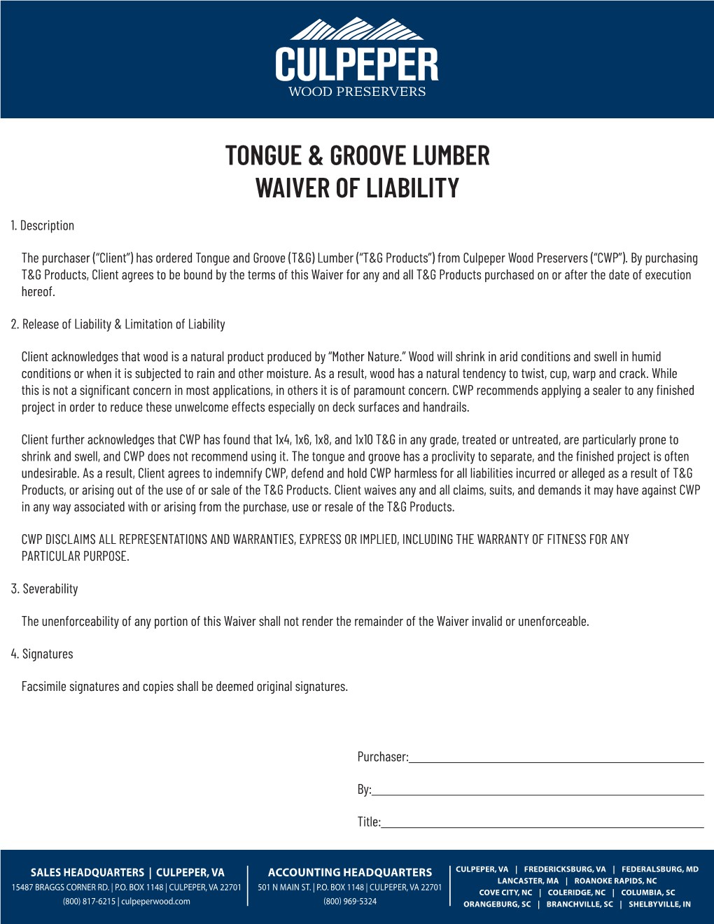 Tongue & Groove Lumber Waiver of Liability