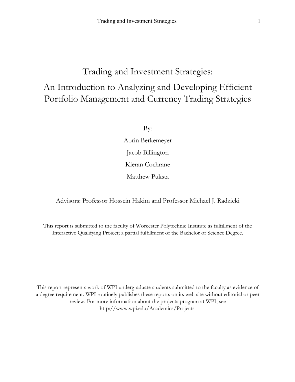 Trading and Investment Strategies 1