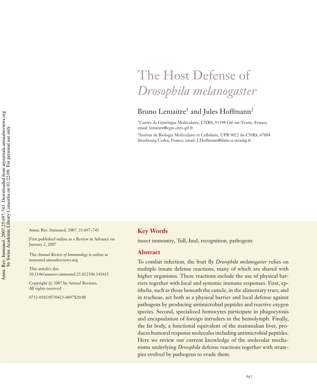 The Host Defense of Drosophila Melanogaster