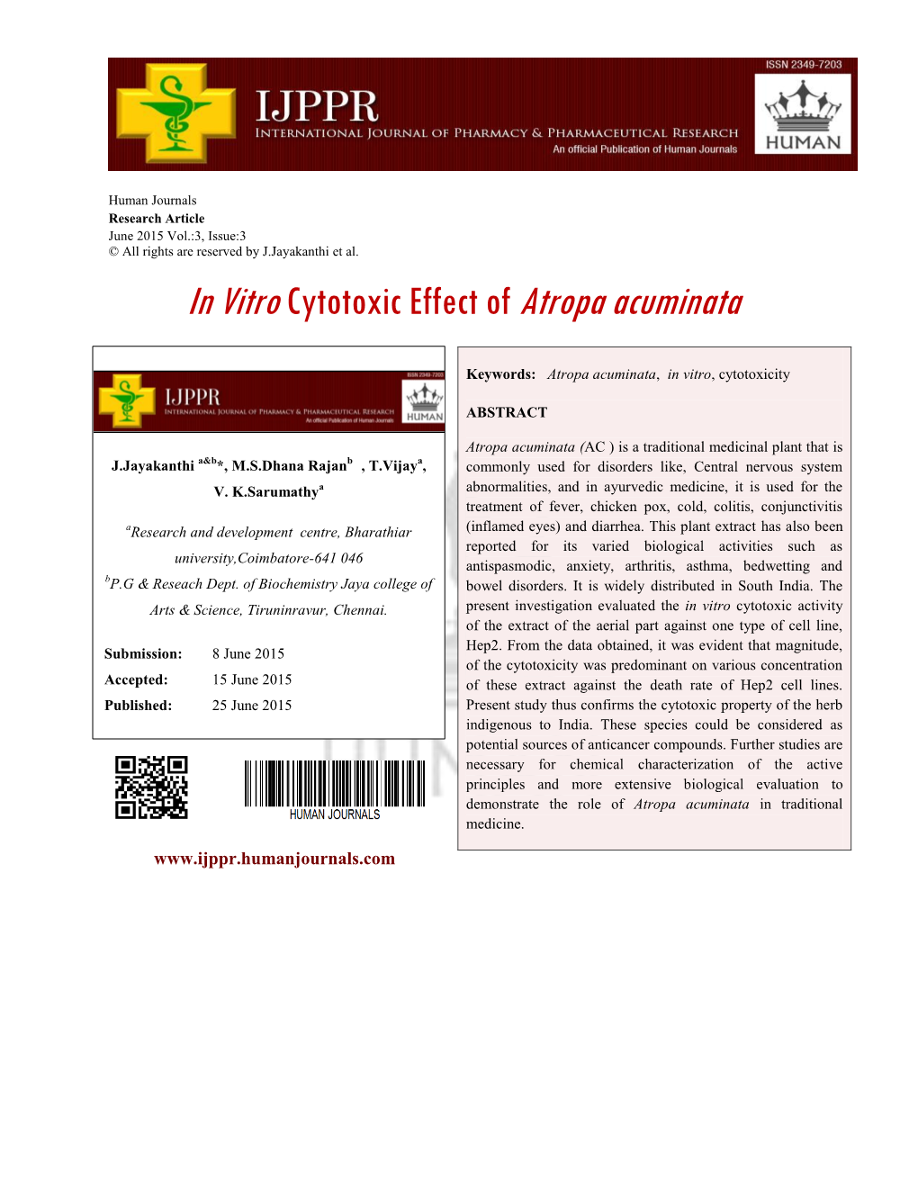 In Vitrocytotoxic Effect of Atropa Acuminata