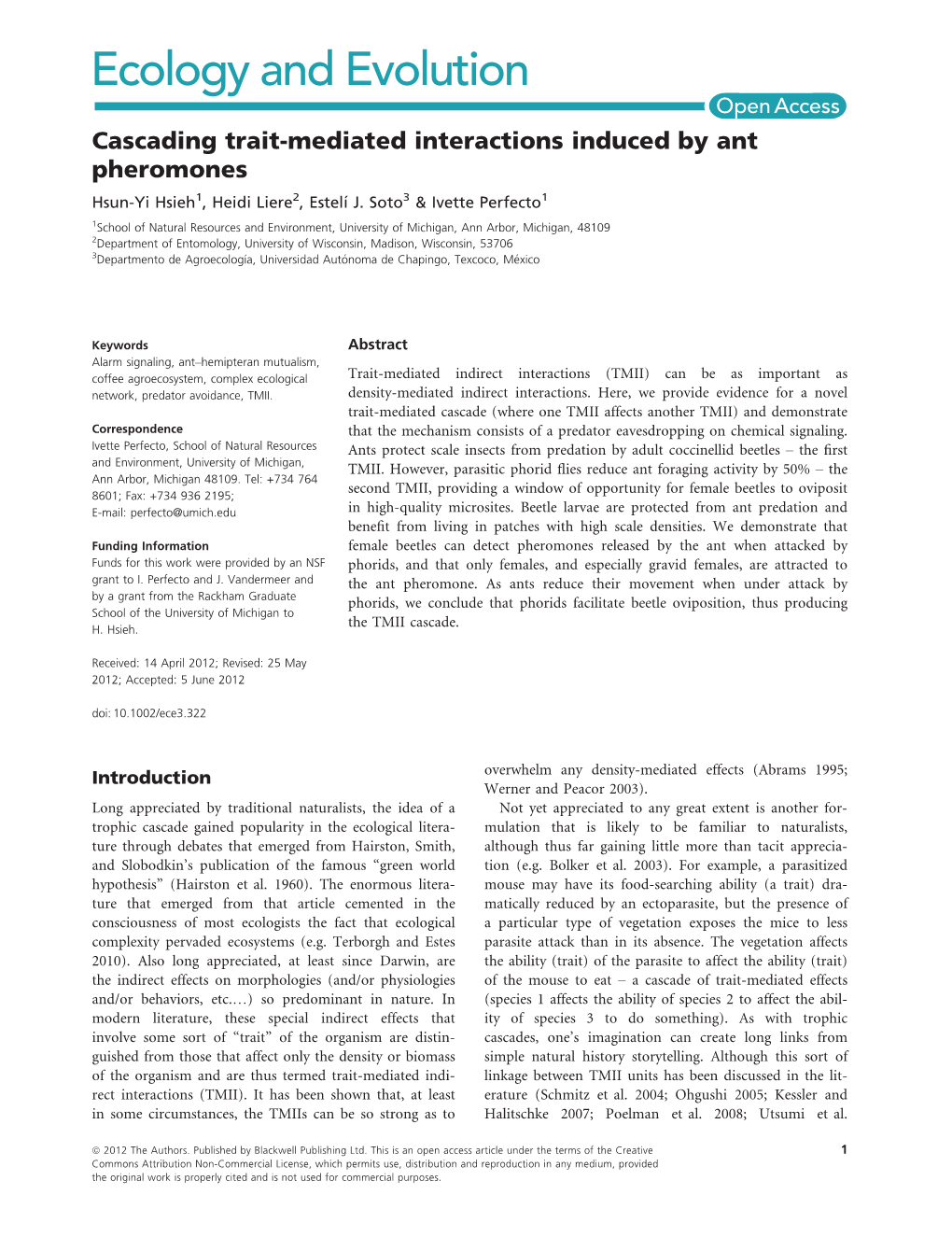 Cascading Traitmediated Interactions Induced by Ant Pheromones