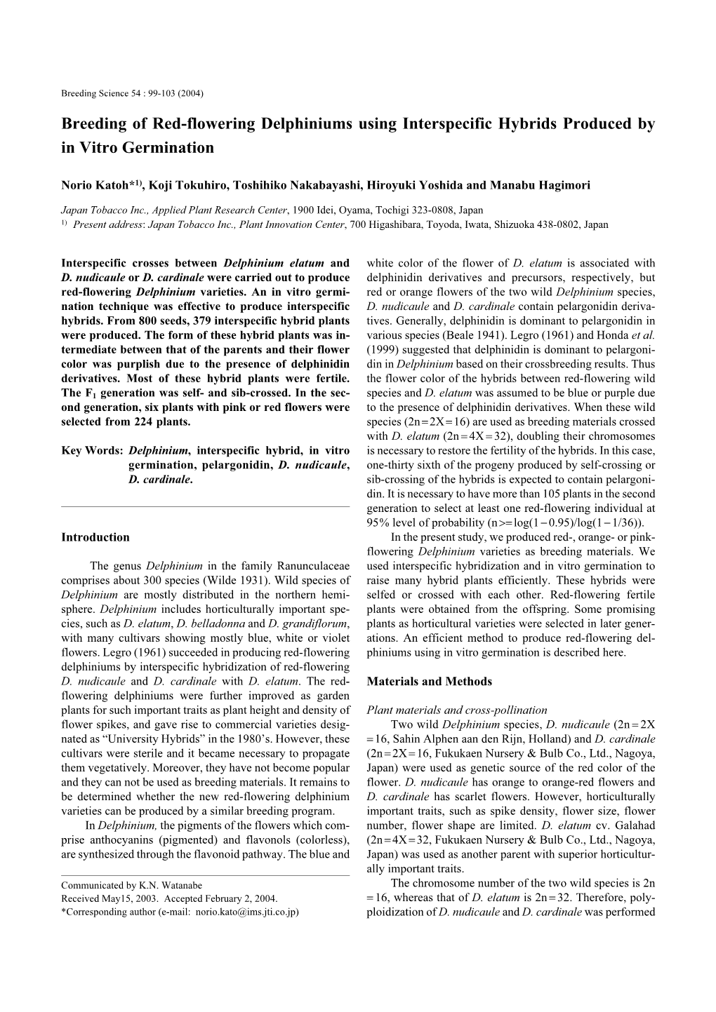 Breeding of Red-Flowering Delphiniums Using Interspecific Hybrids Produced by in Vitro Germination