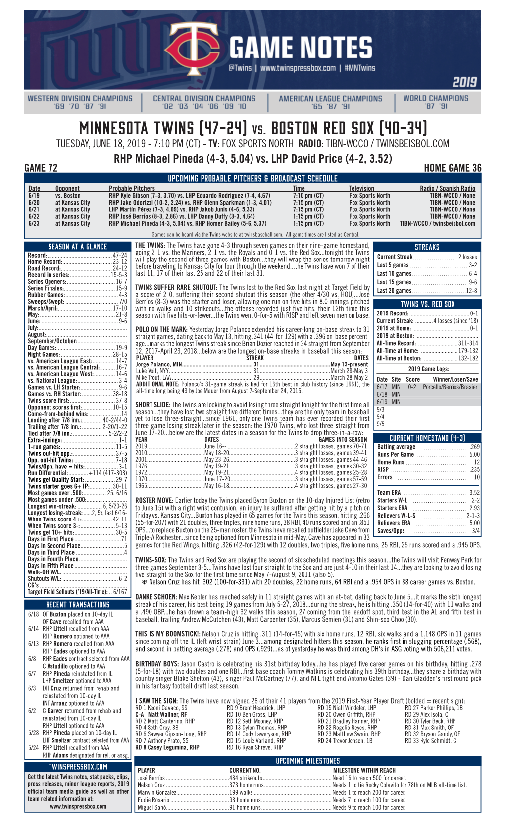 Twins Notes, 6-18 Vs