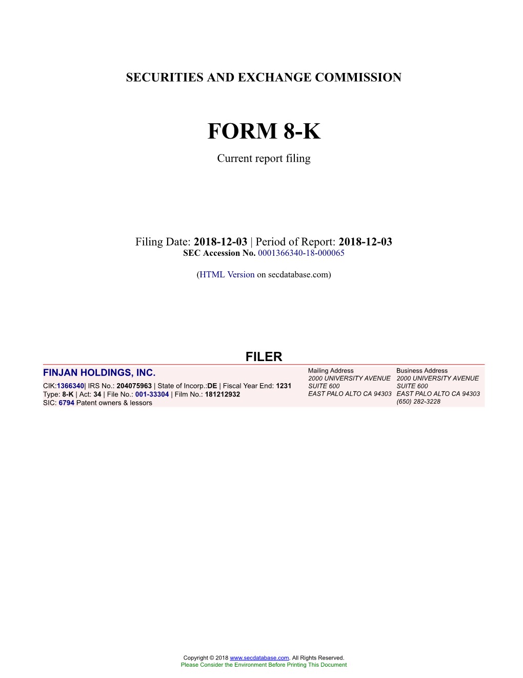FINJAN HOLDINGS, INC. Form 8-K Current Event Report Filed 2018