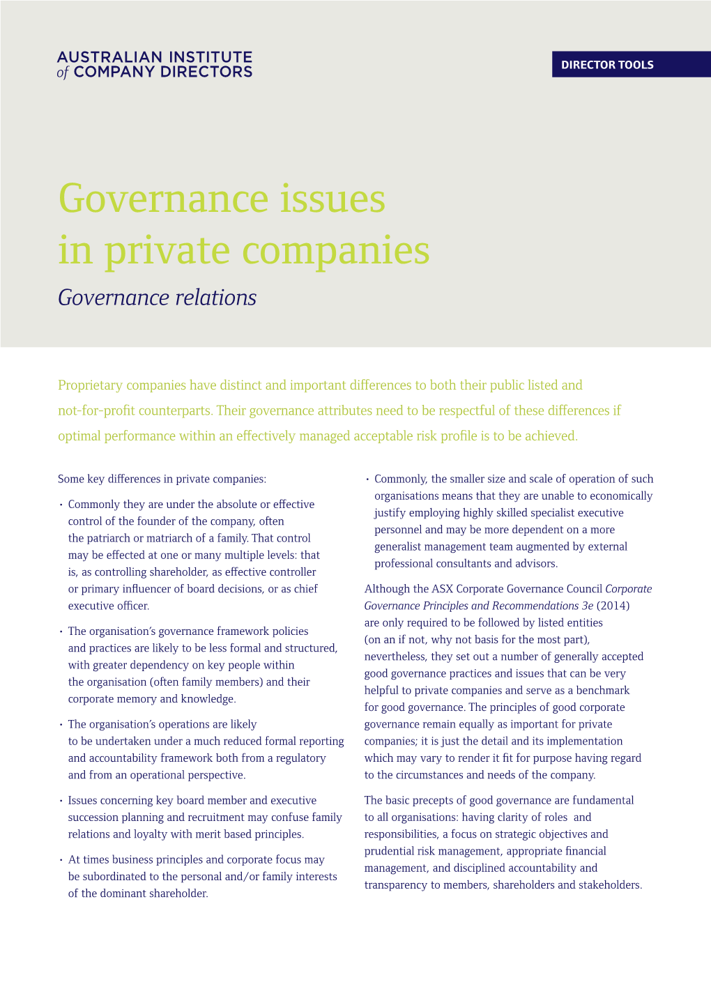 Governance Issues in Private Companies Governance Relations