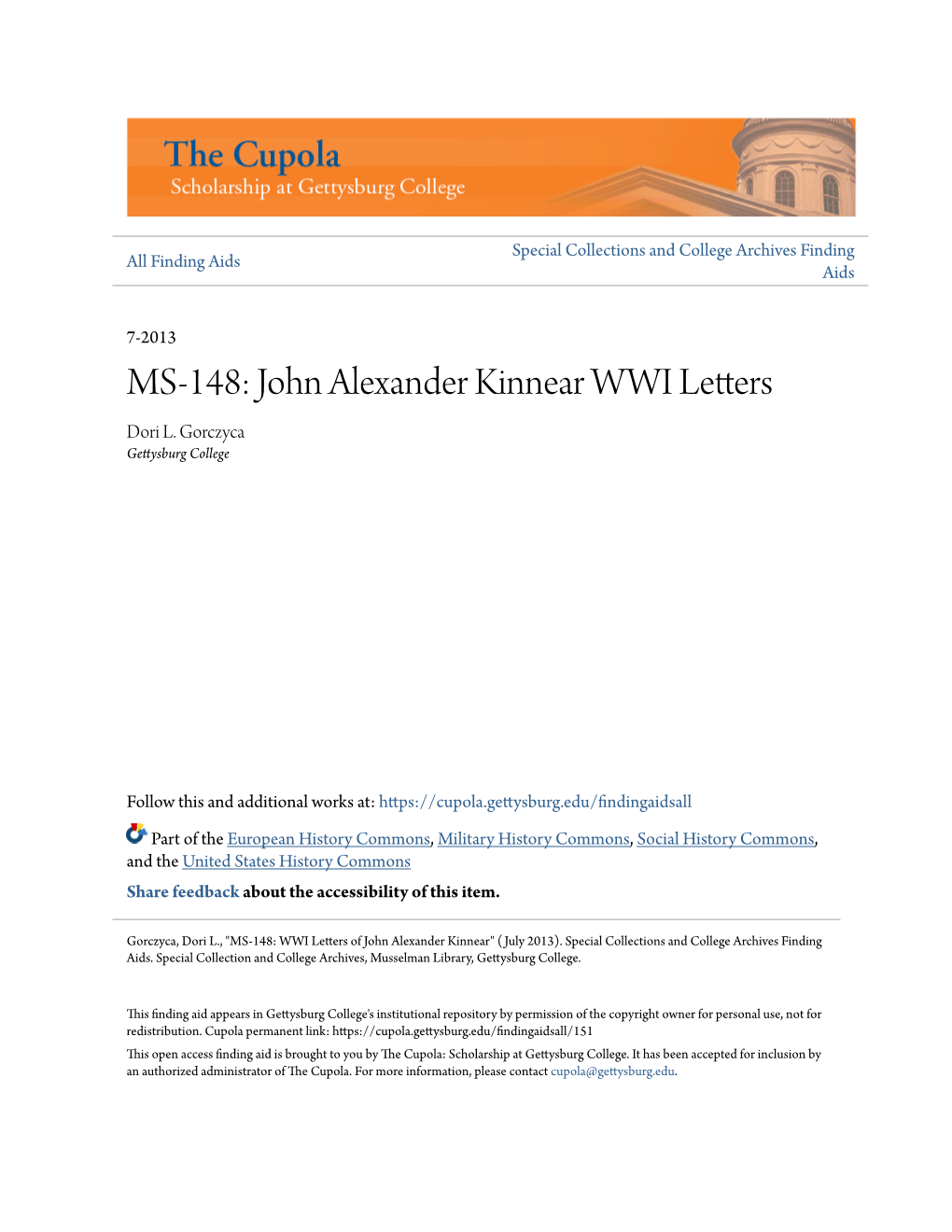MS-148: John Alexander Kinnear WWI Letters Dori L