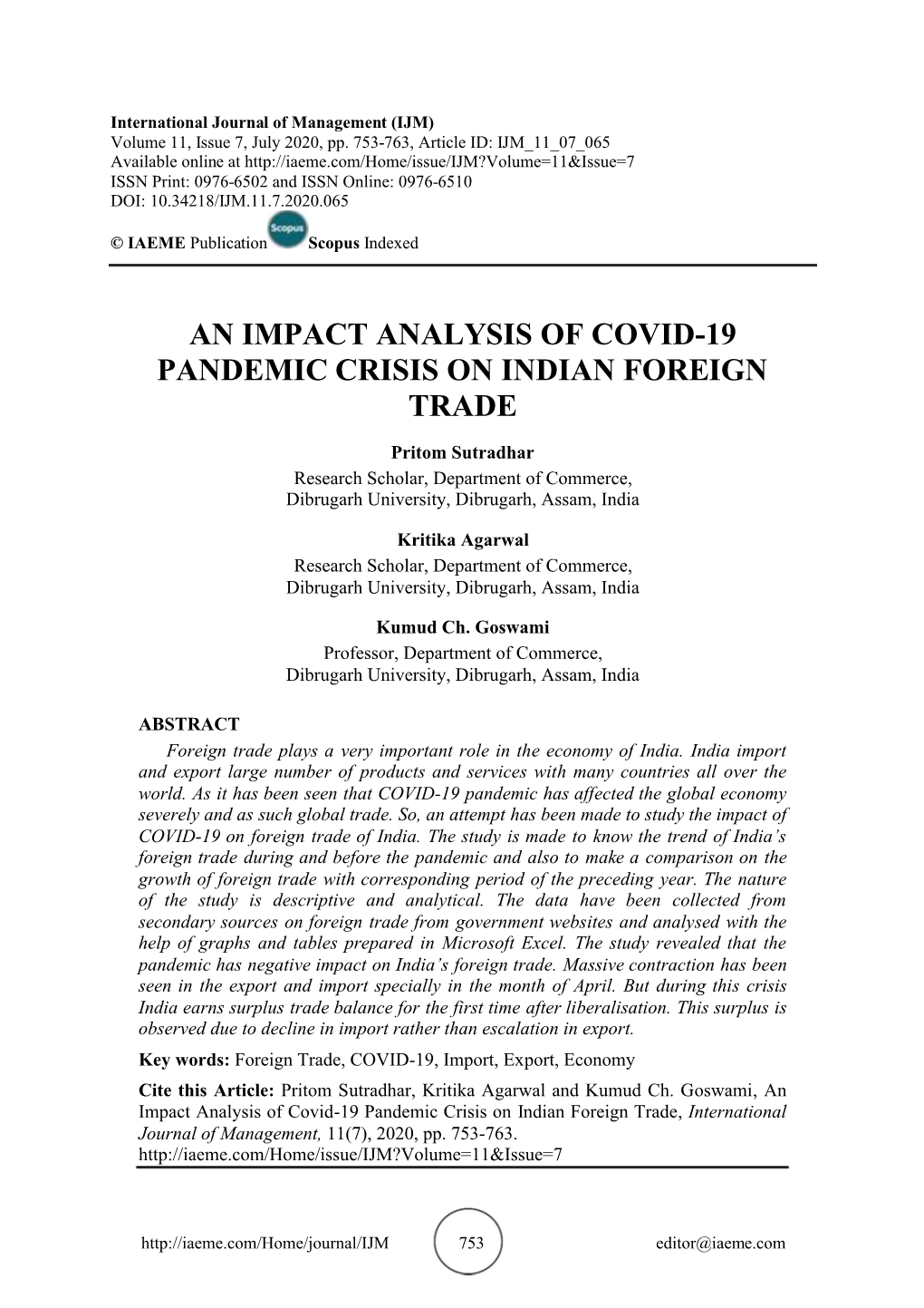 An Impact Analysis of Covid-19 Pandemic Crisis on Indian Foreign Trade