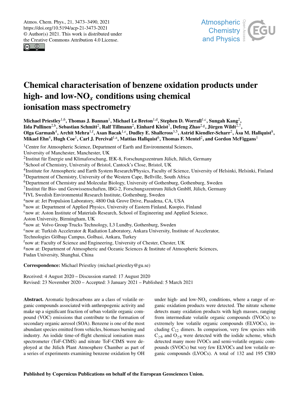 Chemical Characterisation of Benzene Oxidation Products Under High- and Low-Nox Conditions Using Chemical Ionisation Mass Spectrometry