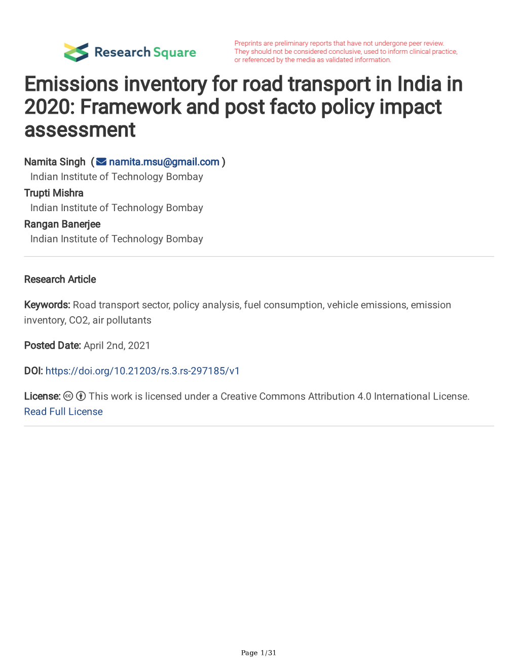 Emissions Inventory for Road Transport in India in 2020: Framework and Post Facto Policy Impact Assessment