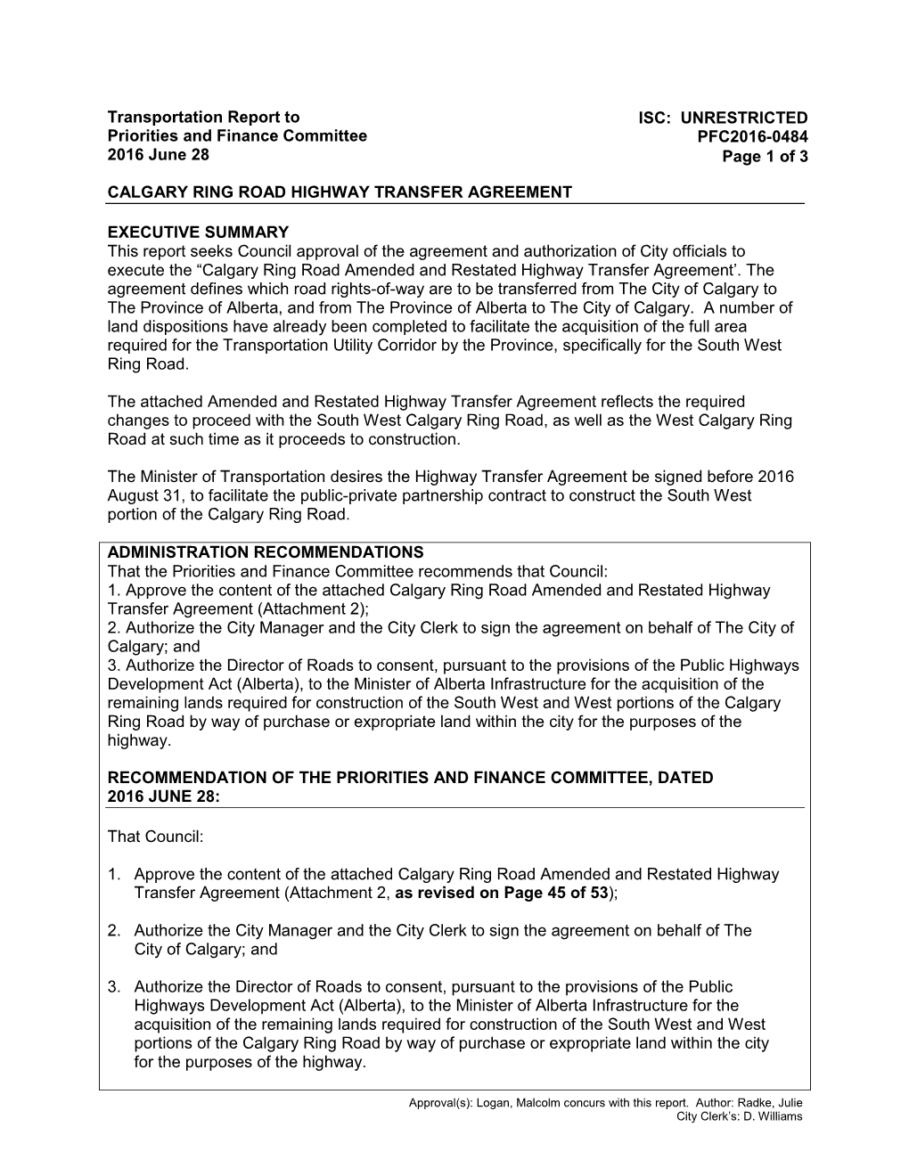 Transportation Report to Priorities and Finance Committee