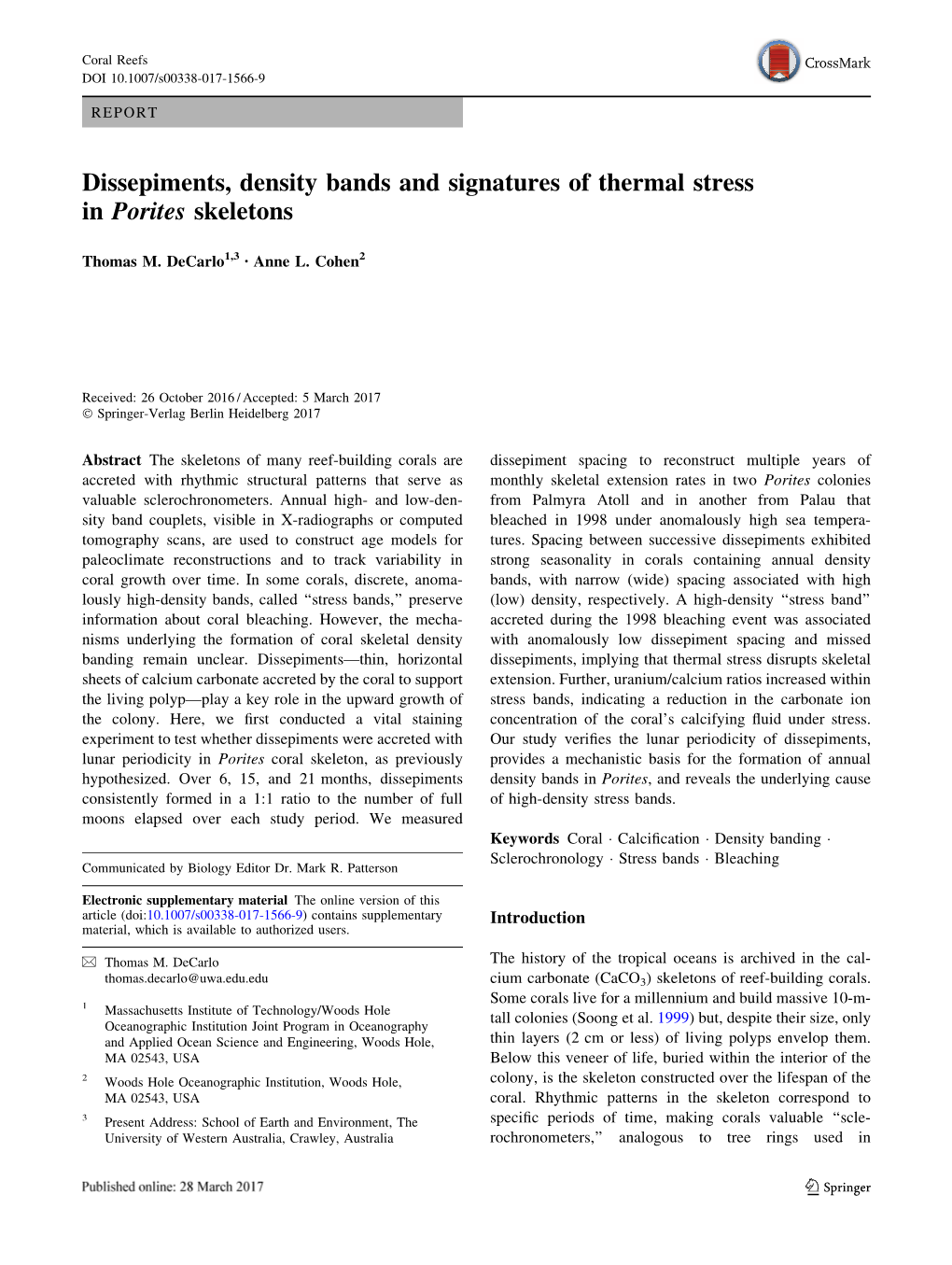 Dissepiments, Density Bands and Signatures of Thermal Stress in Porites Skeletons