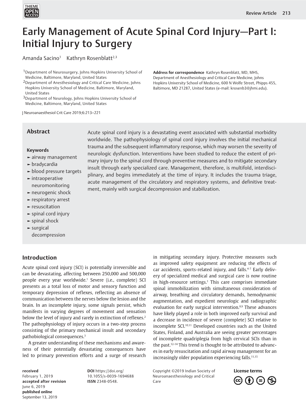 Early Management of Acute Spinal Cord Injury—Part I: Initial Injury to Surgery