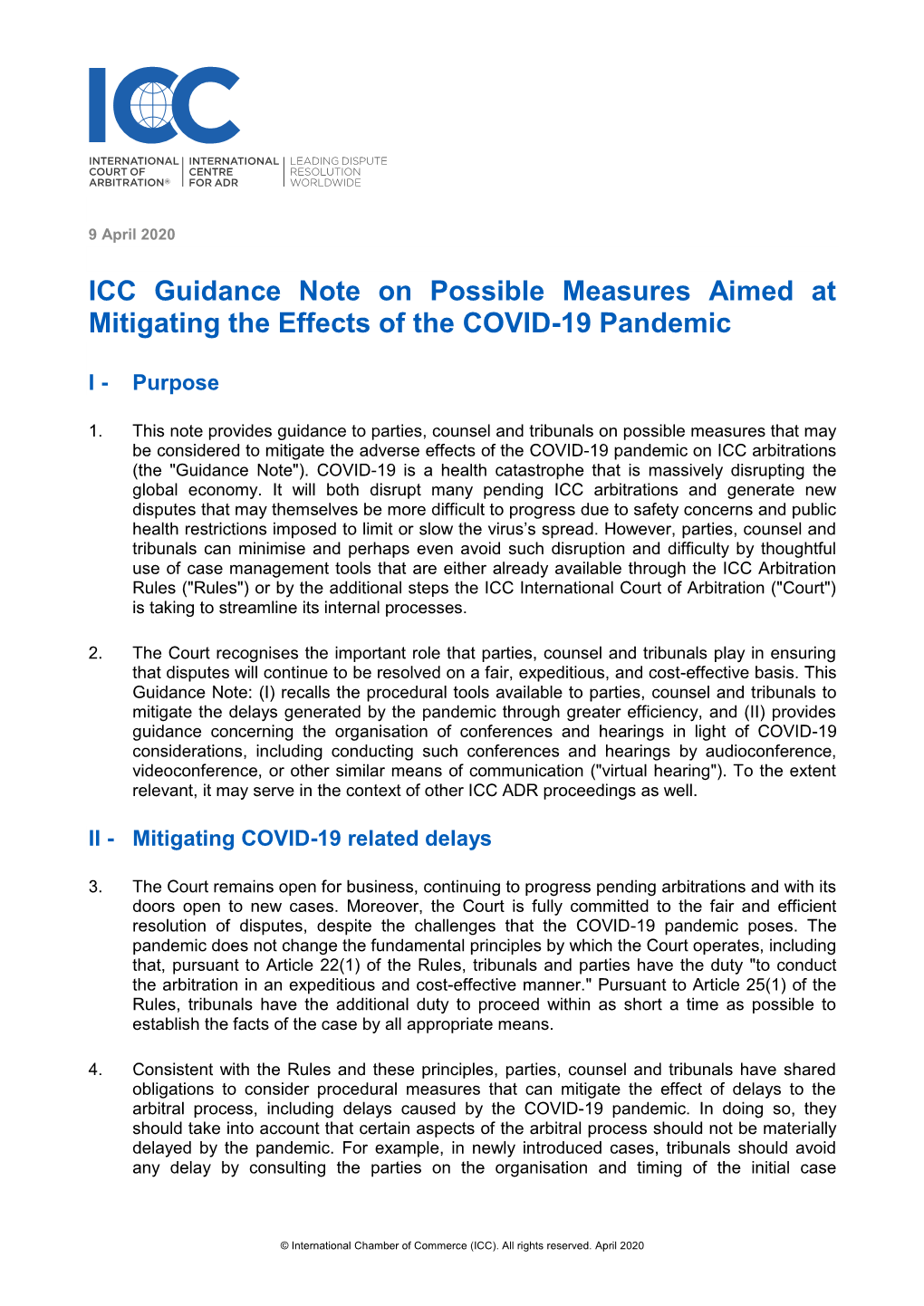 ICC Guidance Note on Possible Measures Aimed at Mitigating the Effects of the COVID-19 Pandemic
