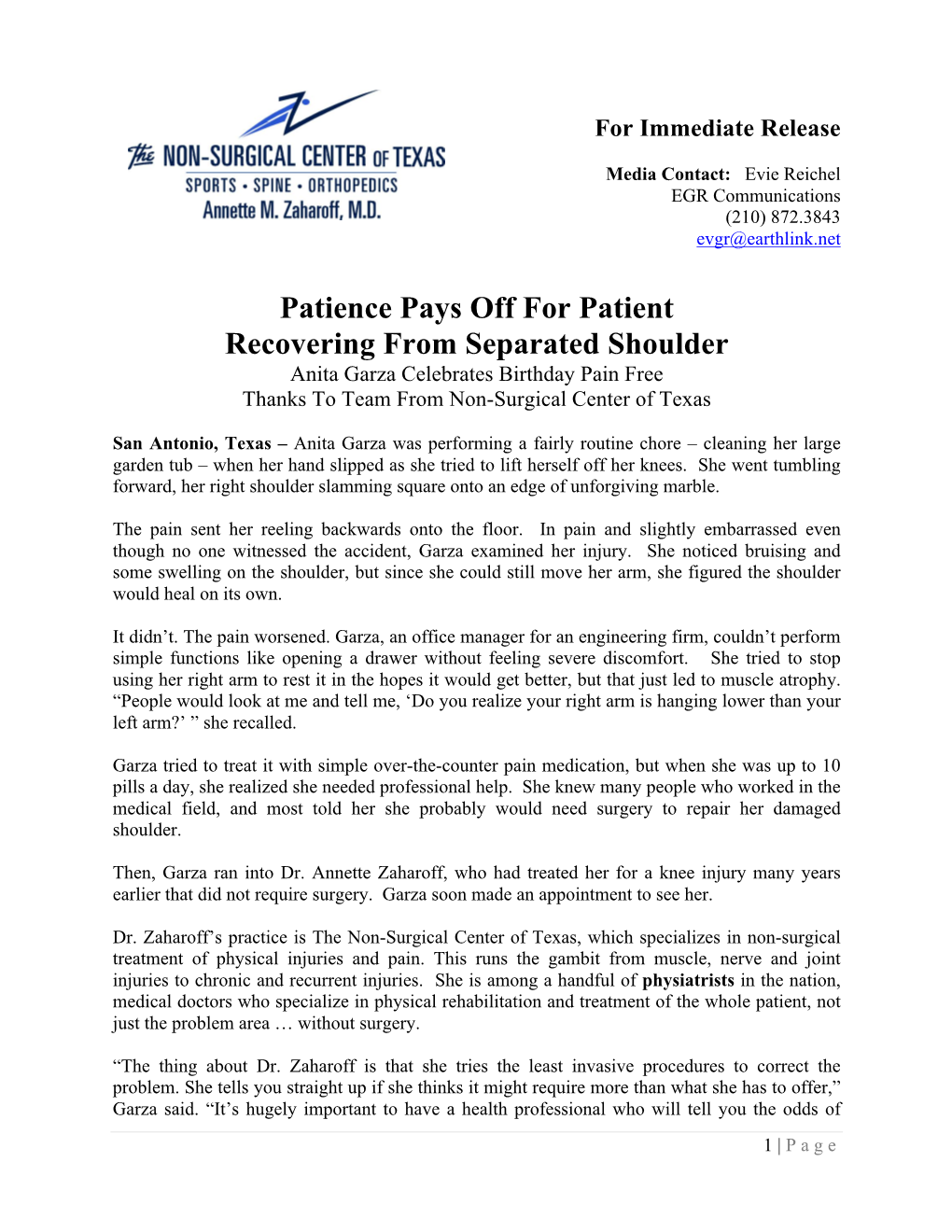 Patience Pays Off for Patient Recovering from Separated Shoulder Anita Garza Celebrates Birthday Pain Free Thanks to Team from Non-Surgical Center of Texas