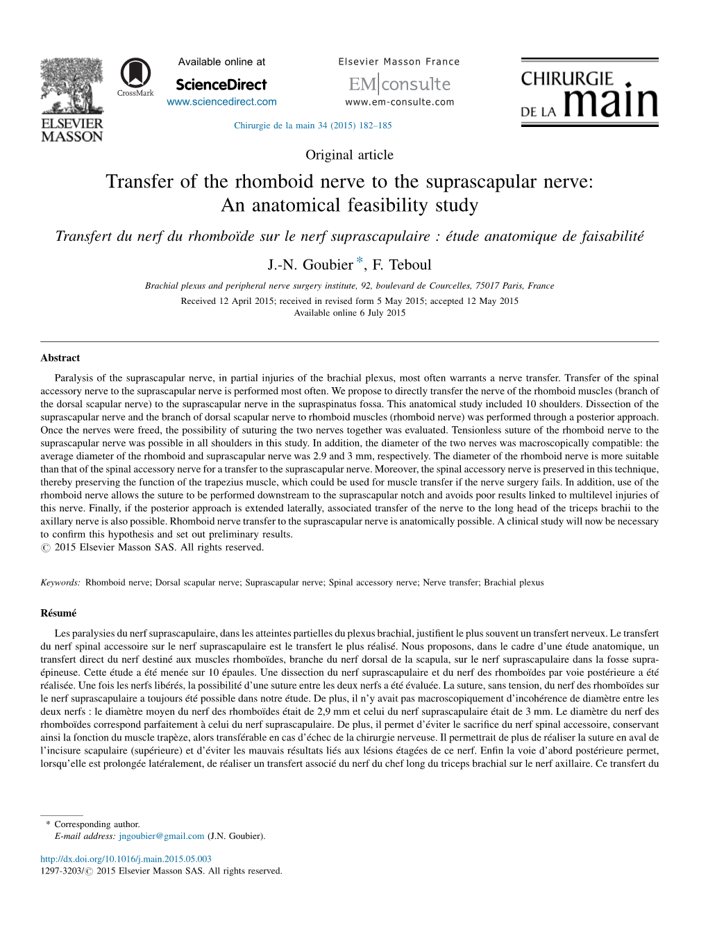 Transfer of the Rhomboid Nerve to the Suprascapular Nerve