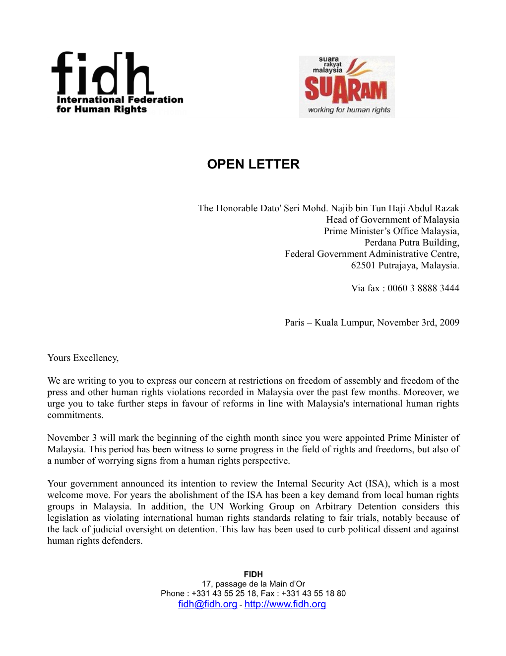 Open Letter to the Prime Minister of Malaysia