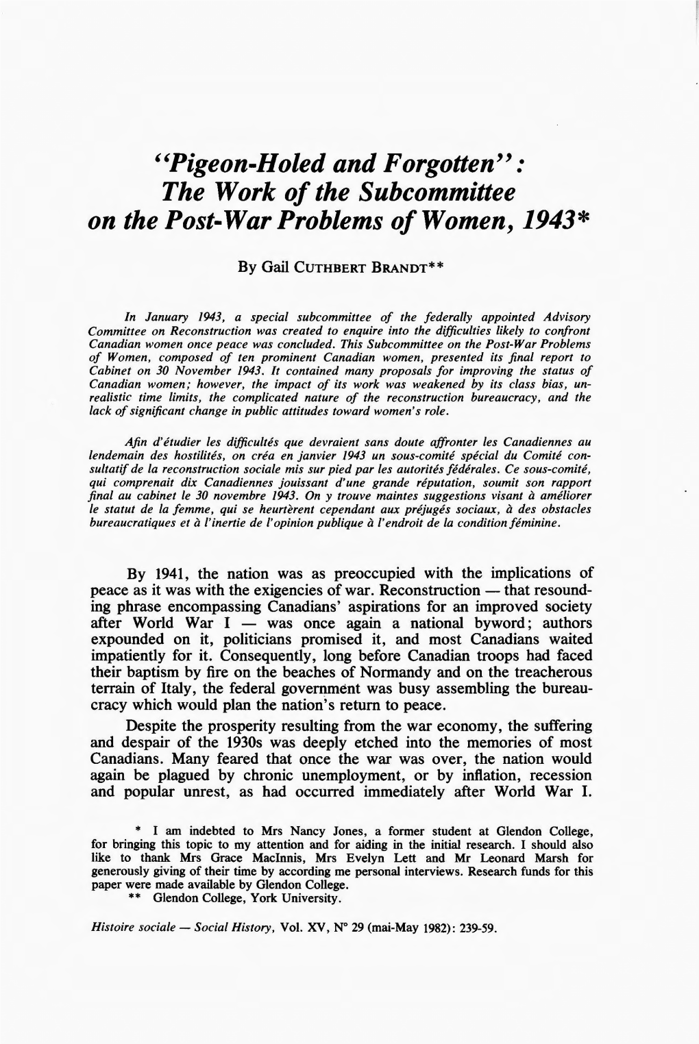 The Work of the Subcommittee on the Post-War Problems of Women, 1943*