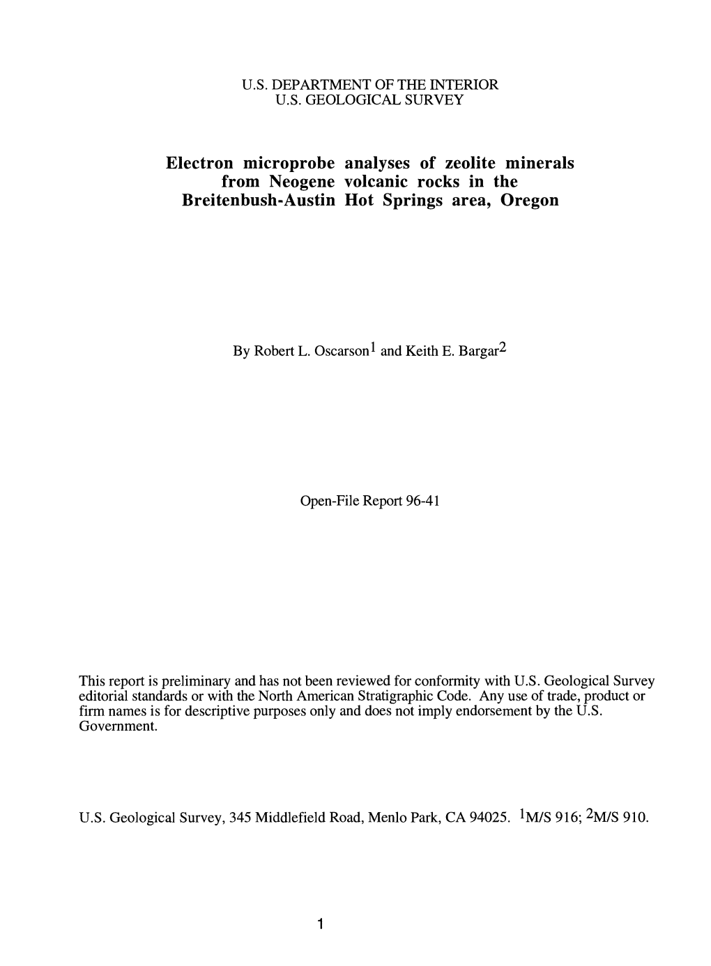 Electron Microprobe Analyses of Zeolite Minerals from Neogene Volcanic Rocks in the Breitenbush-Austin Hot Springs Area, Oregon