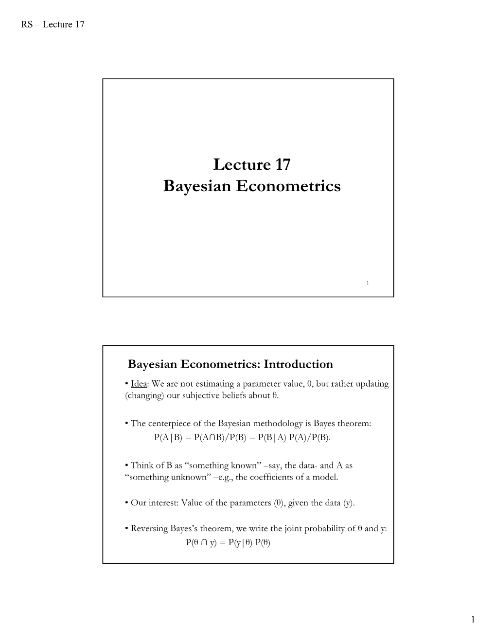 Lecture 17 Bayesian Econometrics