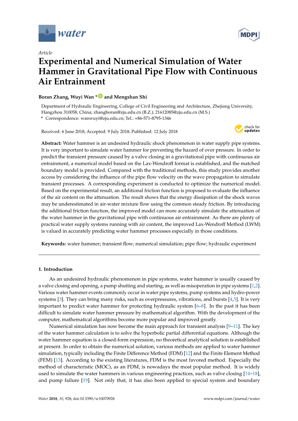 Experimental and Numerical Simulation of Water Hammer in Gravitational Pipe Flow with Continuous Air Entrainment