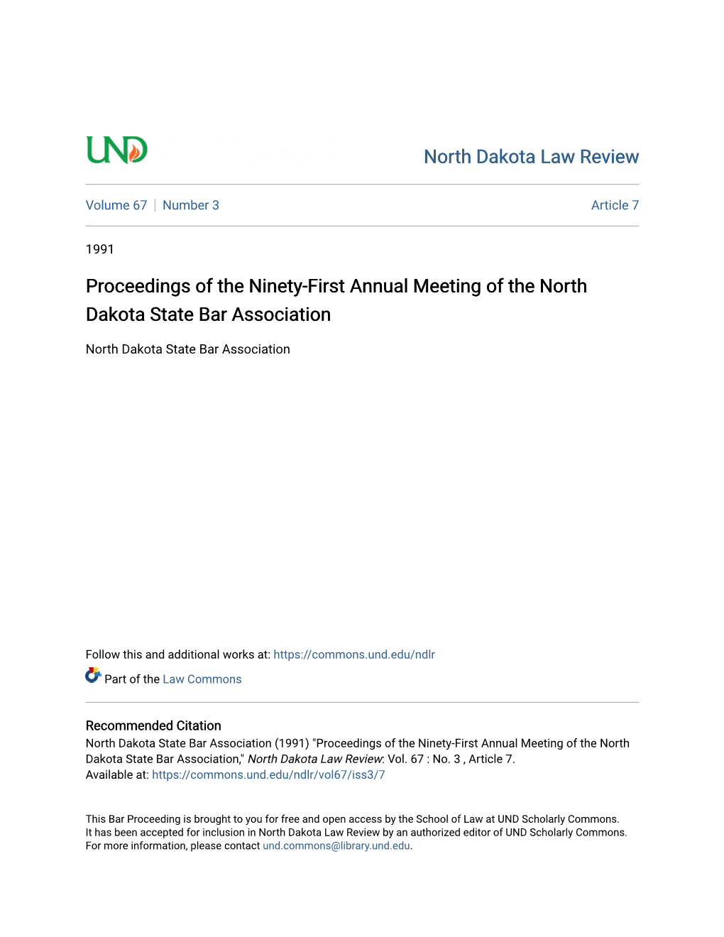 Proceedings of the Ninety-First Annual Meeting of the North Dakota State Bar Association