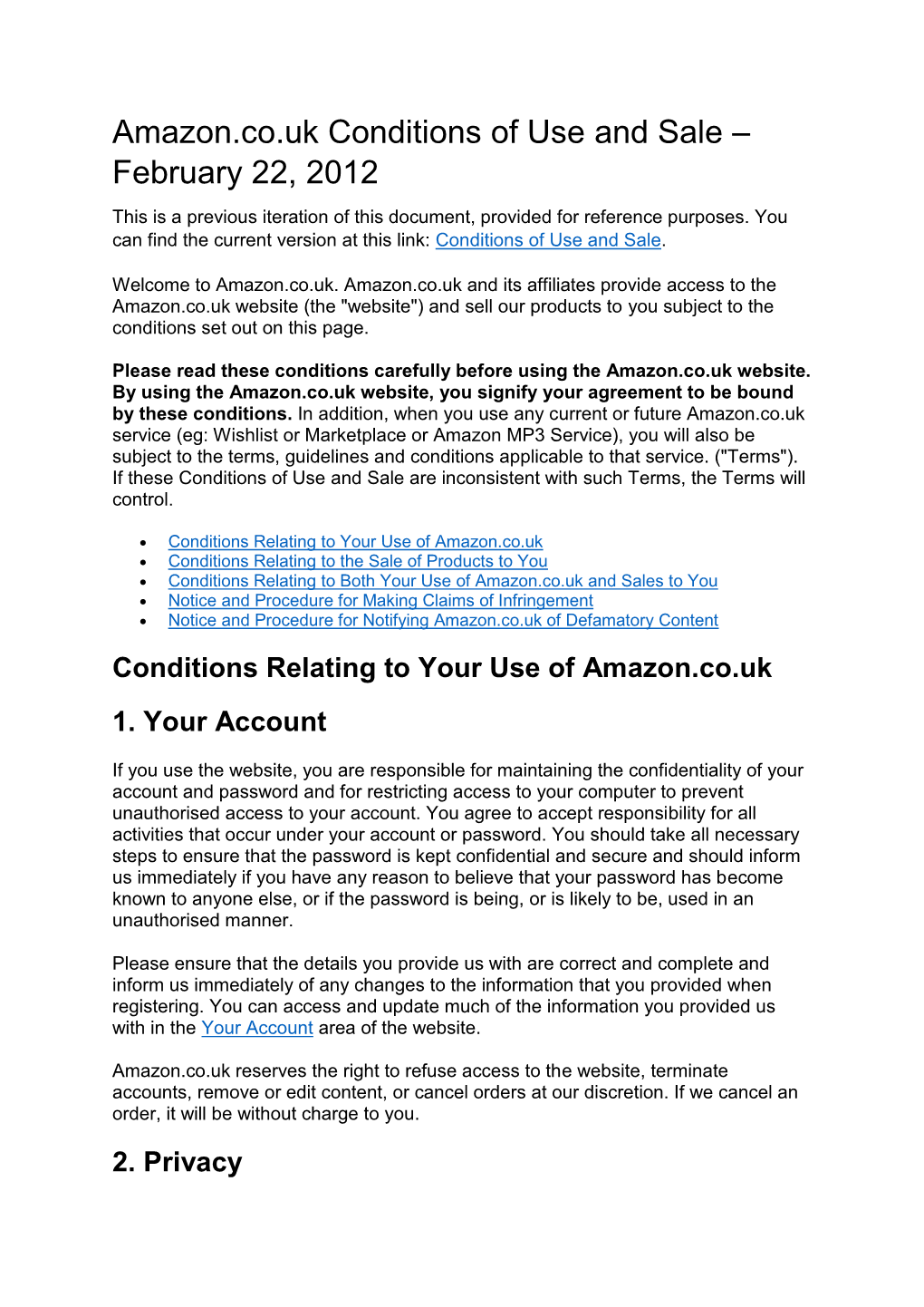 Amazon.Co.Uk Conditions of Use and Sale – February 22, 2012 This Is a Previous Iteration of This Document, Provided for Reference Purposes