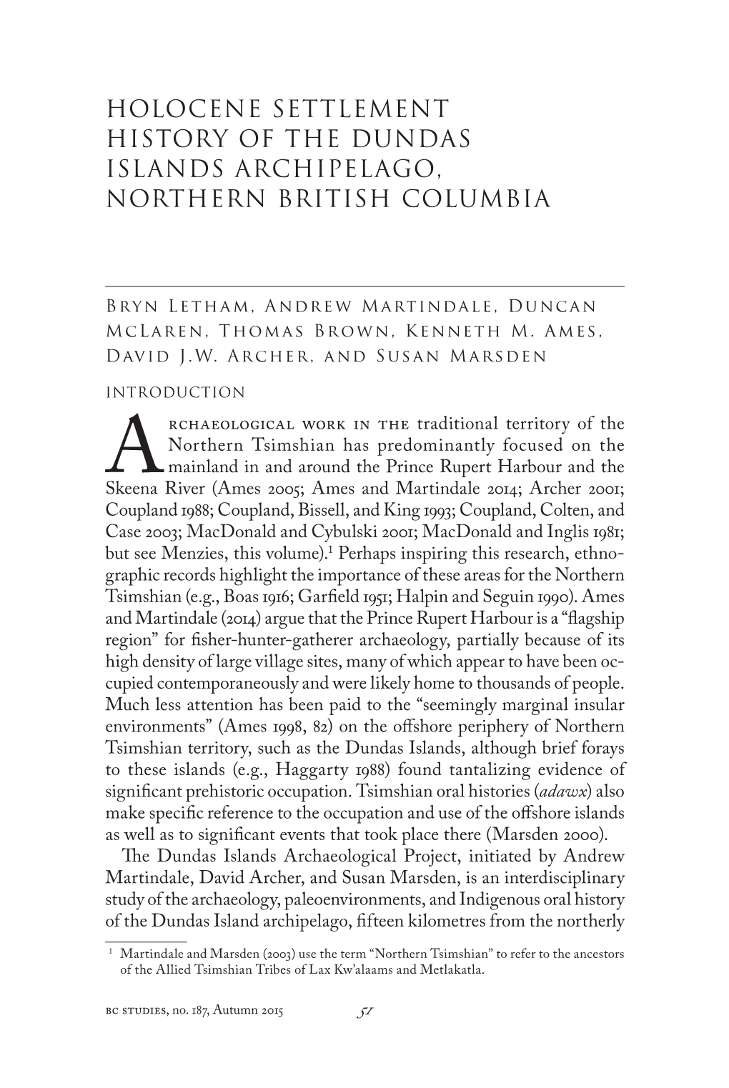 Holocene Settlement History of the Dundas Islands Archipelago, Northern British Columbia