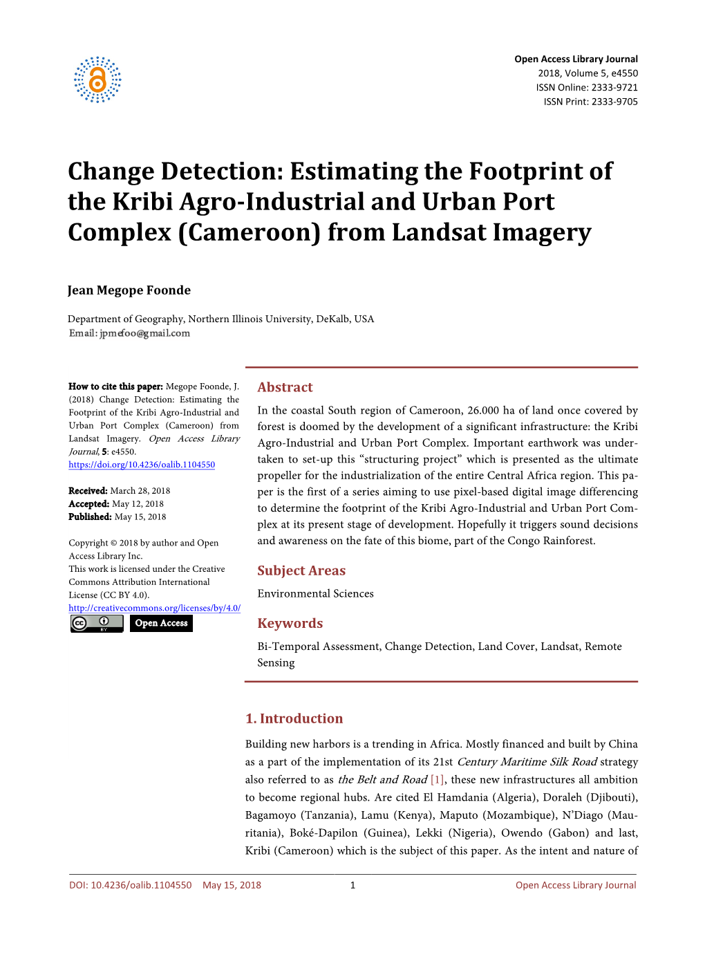 Change Detection: Estimating the Footprint of the Kribi Agro-Industrial and Urban Port Complex (Cameroon) from Landsat Imagery