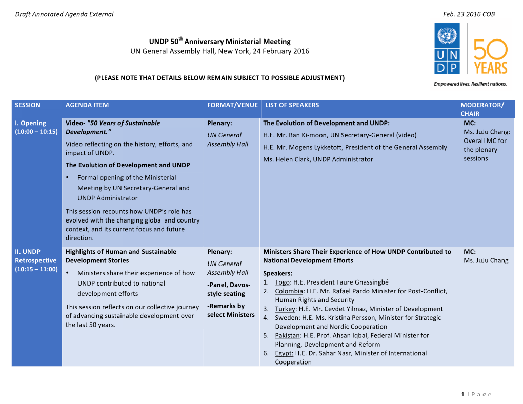 UNDP 50Th Anniversary Ministerial Meeting UN General Assembly Hall, New York, 24 February 2016