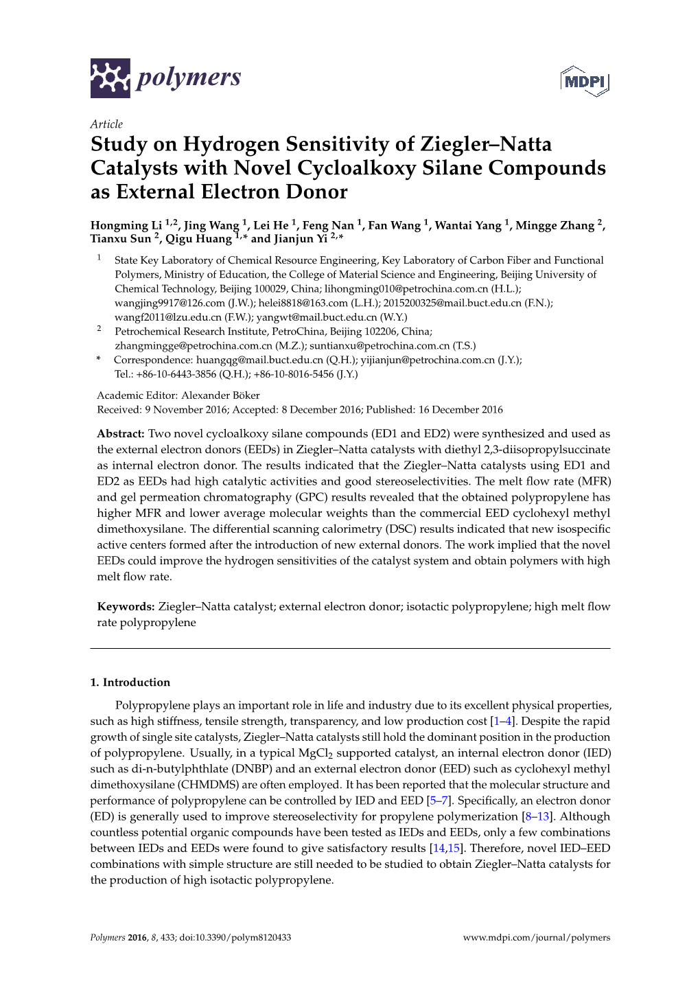 Study on Hydrogen Sensitivity of Ziegler–Natta Catalysts with Novel Cycloalkoxy Silane Compounds As External Electron Donor