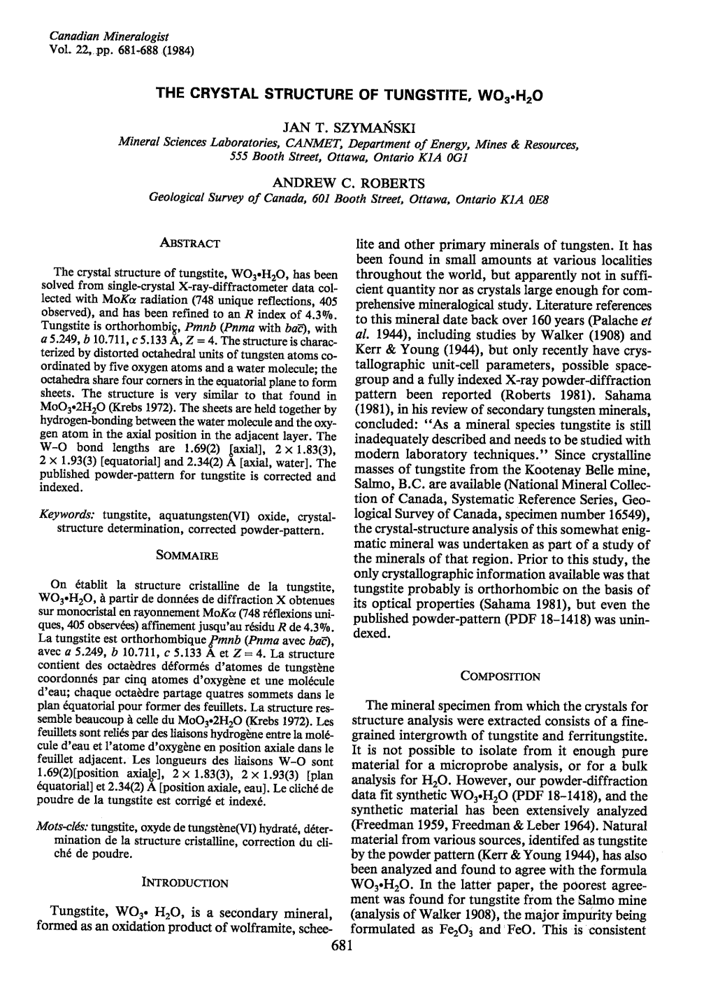 The Crystal Structure of Tungsttte, Wo3.H2o Jan T. Szymanski