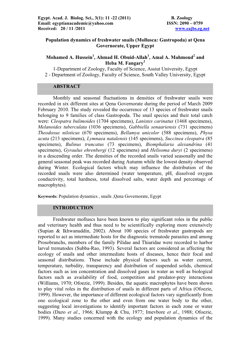 Population Dynamics of Freshwater Snails (Mollusca: Gastropoda) at Qena Governorate, Upper Egypt