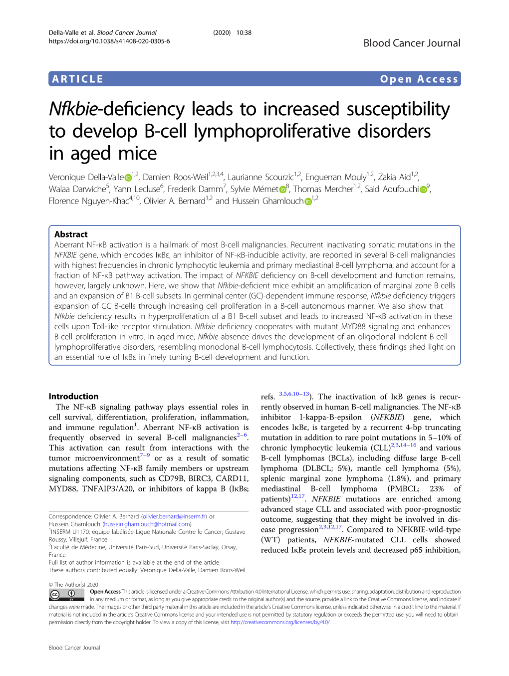 Nfkbie-Deficiency Leads to Increased Susceptibility to Develop B-Cell