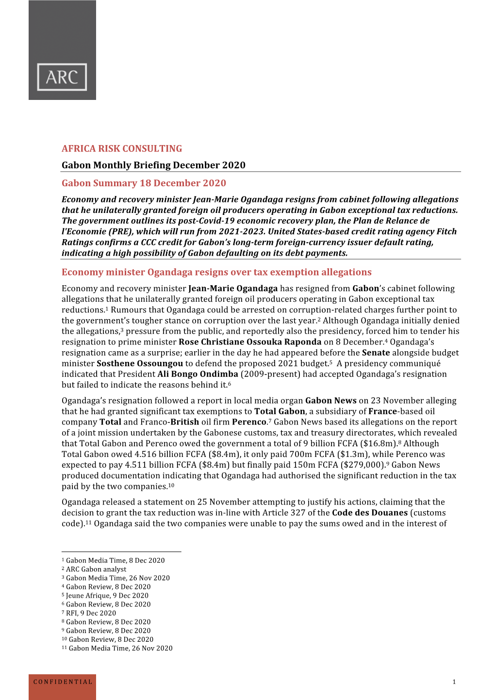 AFRICA RISK CONSULTING Gabon Monthly Briefing December 2020