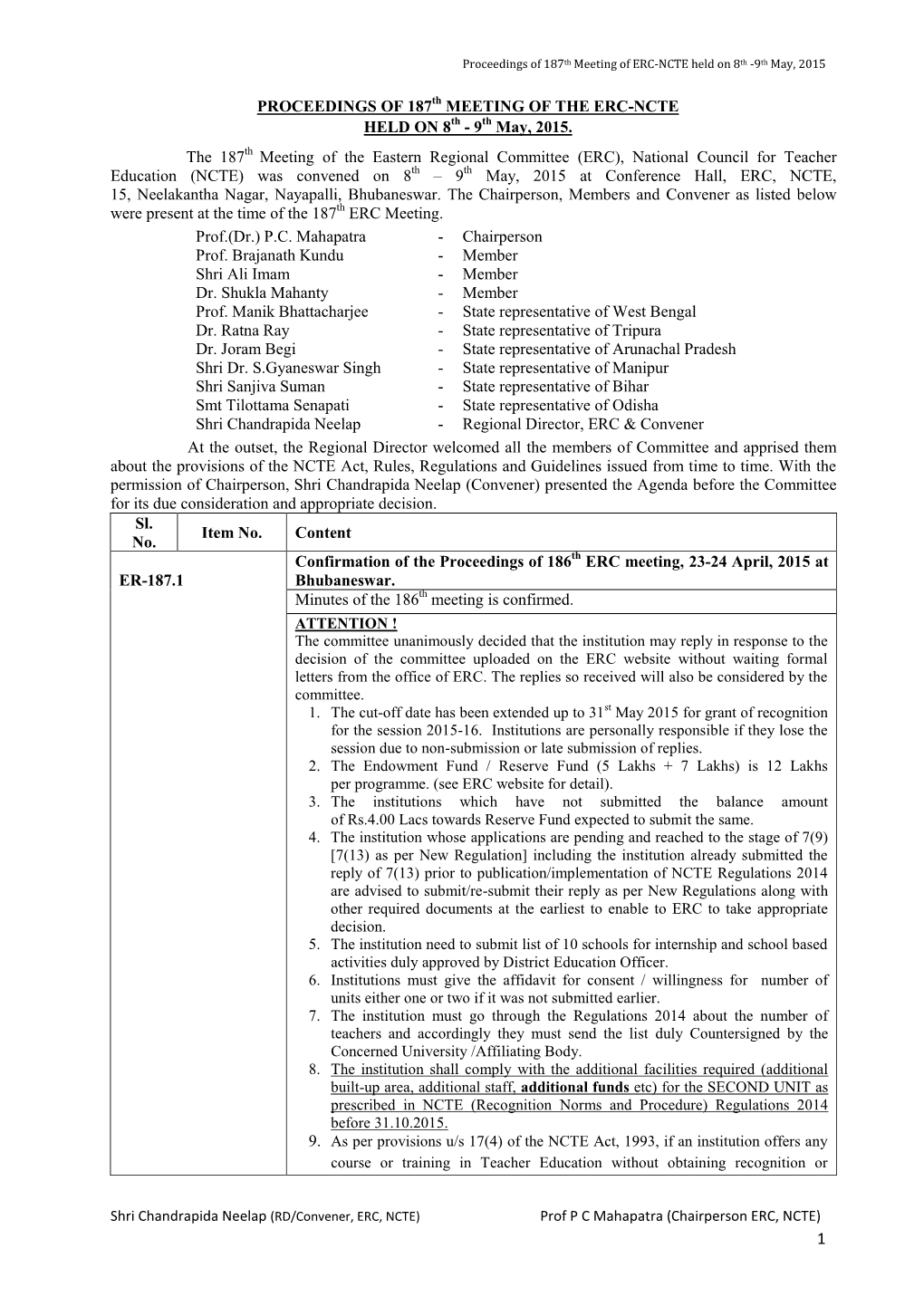 PROCEEDINGS of 187Th MEETING of the ERC-NCTE HELD on 8Th - 9Th May, 2015