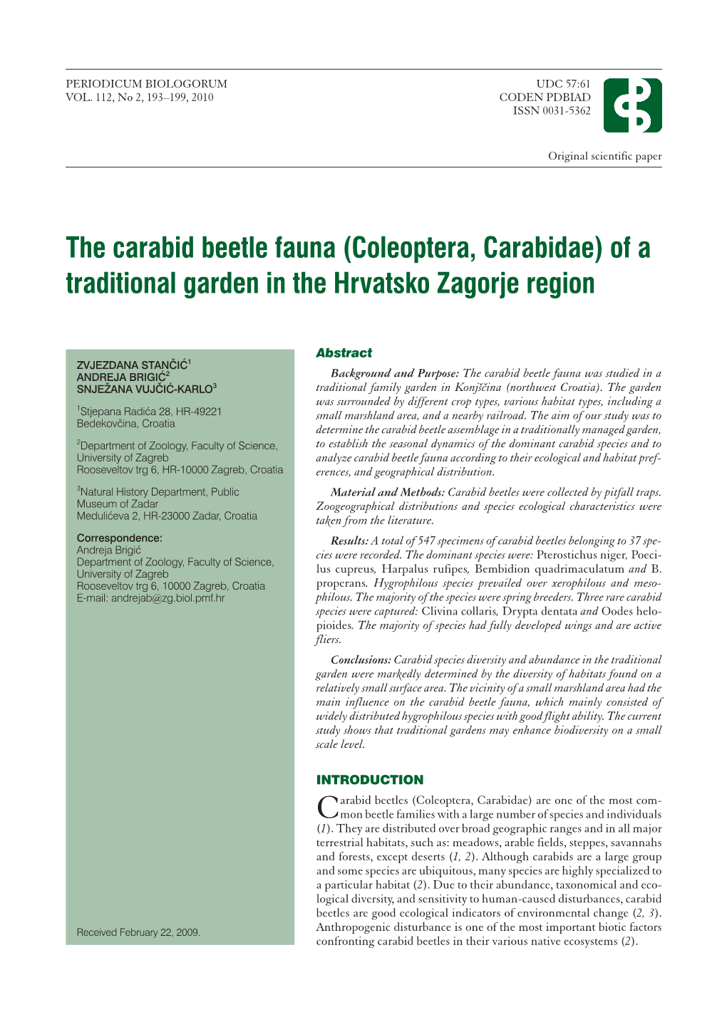 The Carabid Beetle Fauna (Coleoptera, Carabidae) of a Traditional Garden in the Hrvatsko Zagorje Region