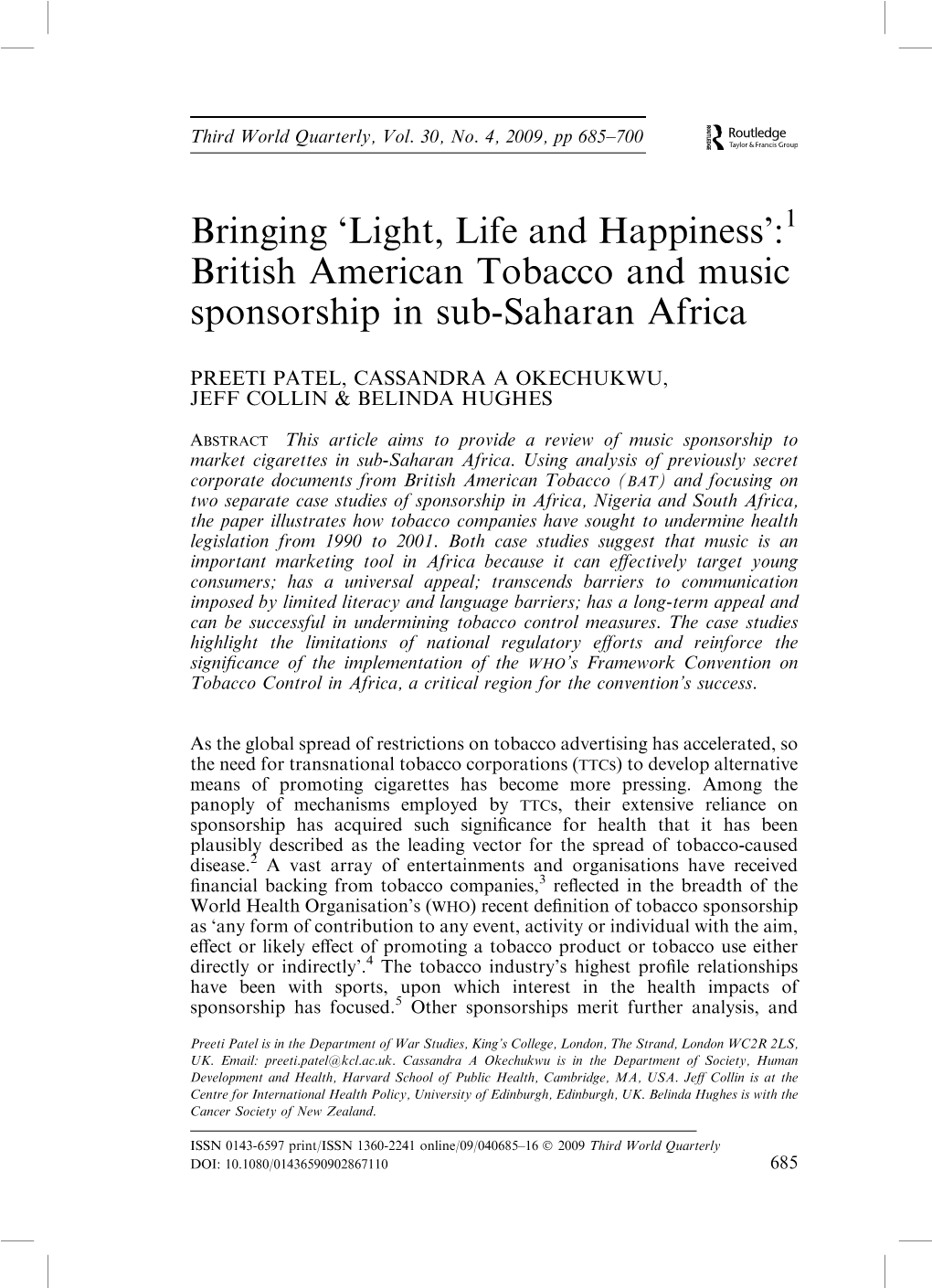 'Light, Life and Happiness': British American Tobacco and Music