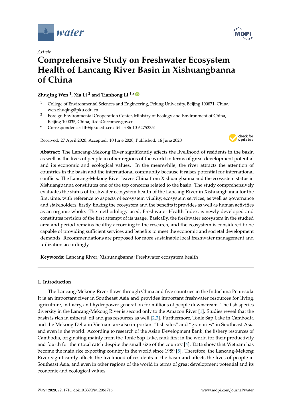 Comprehensive Study on Freshwater Ecosystem Health of Lancang River Basin in Xishuangbanna of China