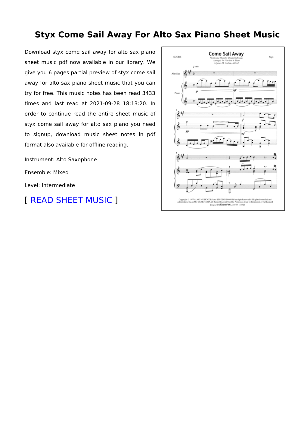 Styx Come Sail Away for Alto Sax Piano Sheet Music