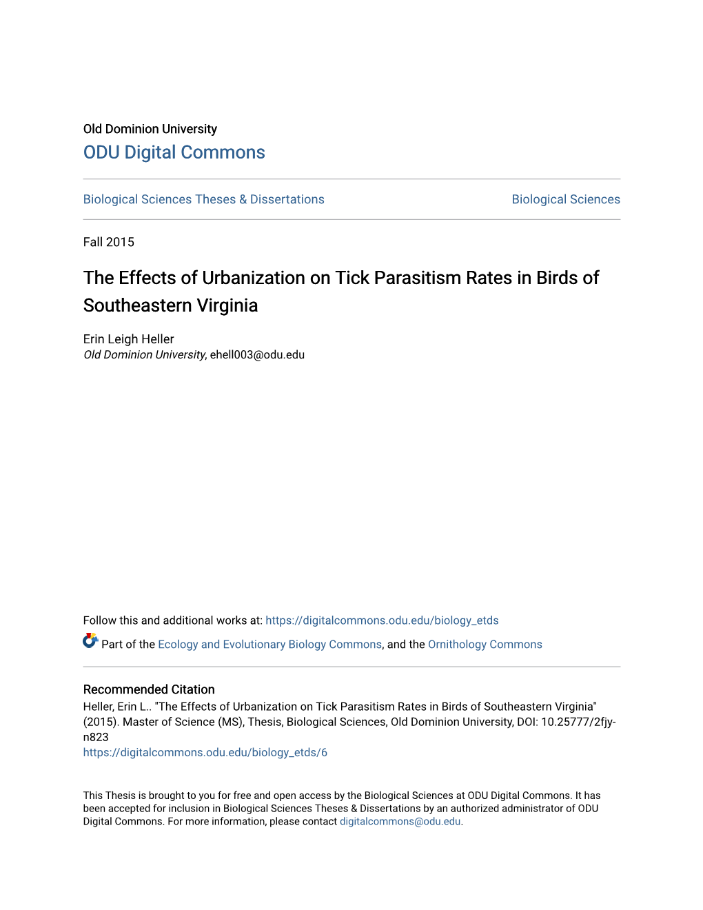 The Effects of Urbanization on Tick Parasitism Rates in Birds of Southeastern Virginia