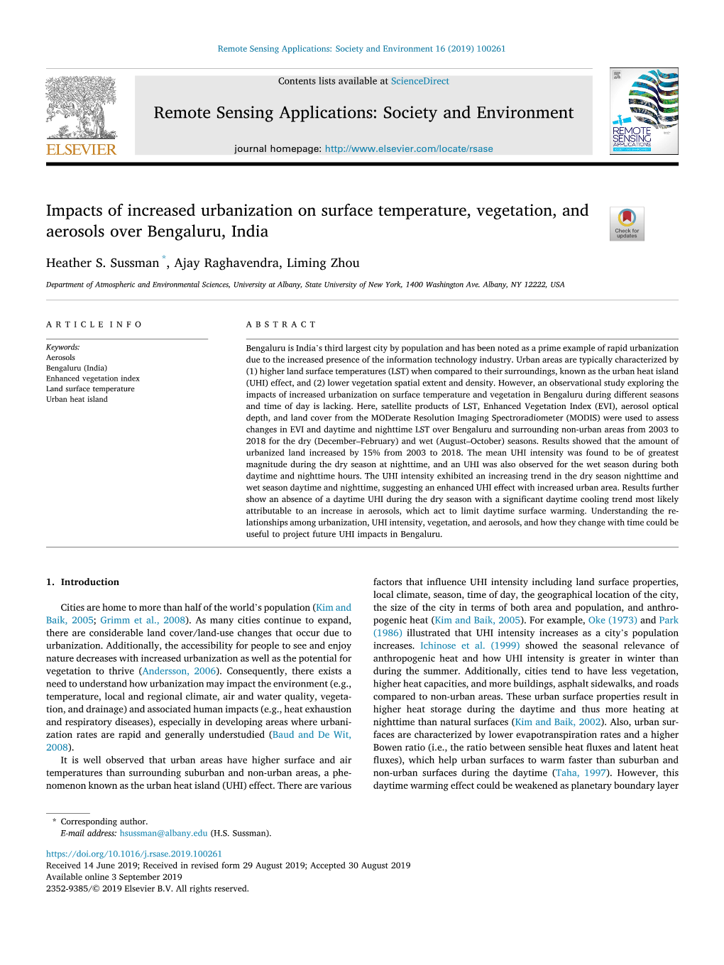 Impacts of Increased Urbanization on Surface Temperature, Vegetation, and Aerosols Over Bengaluru, India