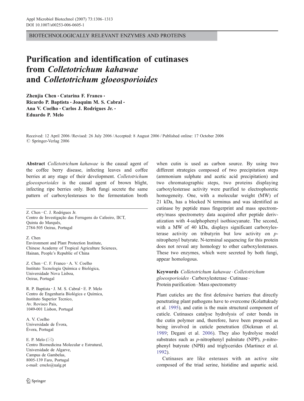 Purification and Identification of Cutinases from Colletotrichum Kahawae and Colletotrichum Gloeosporioides