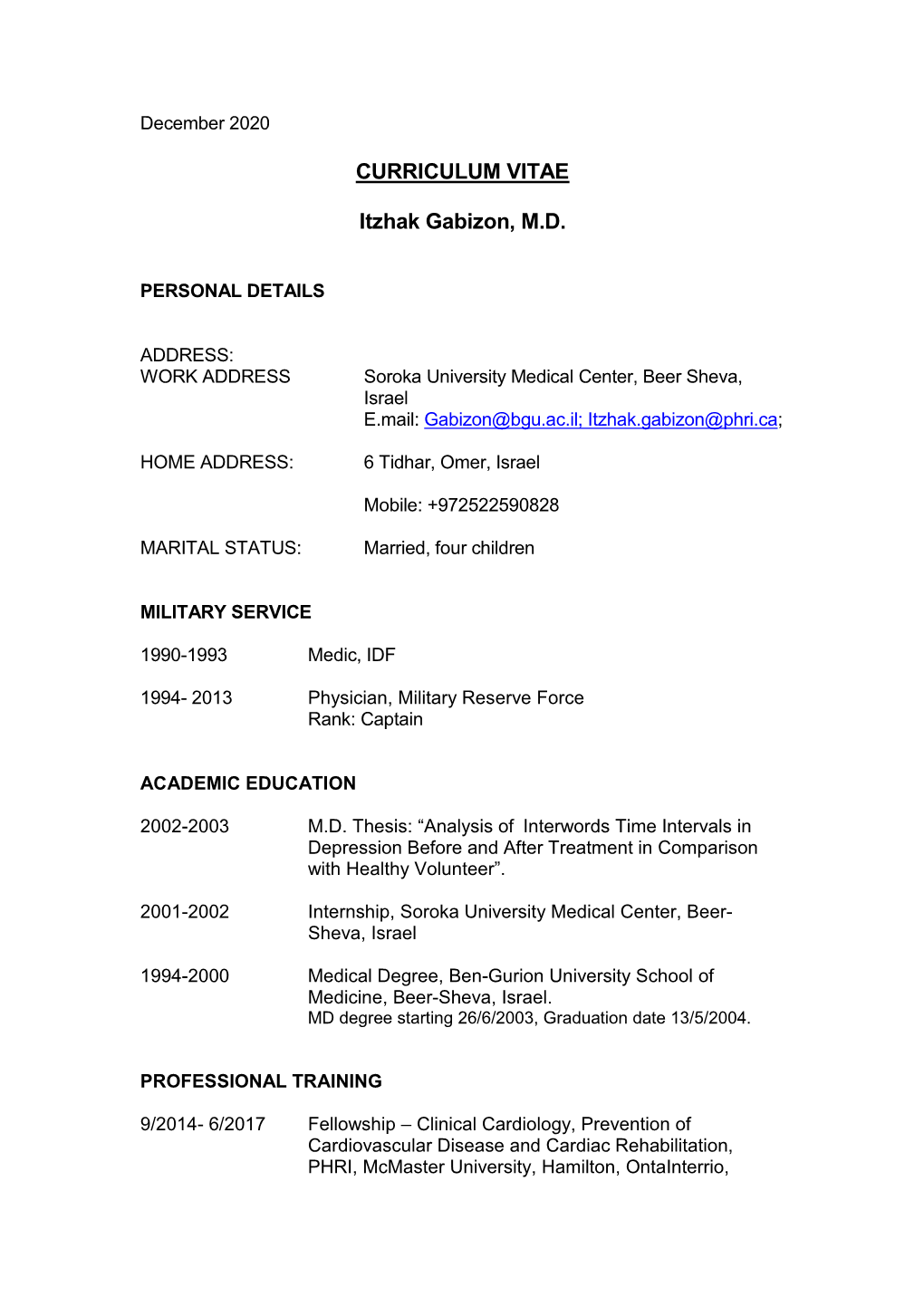 CURRICULUM VITAE Itzhak Gabizon, MD