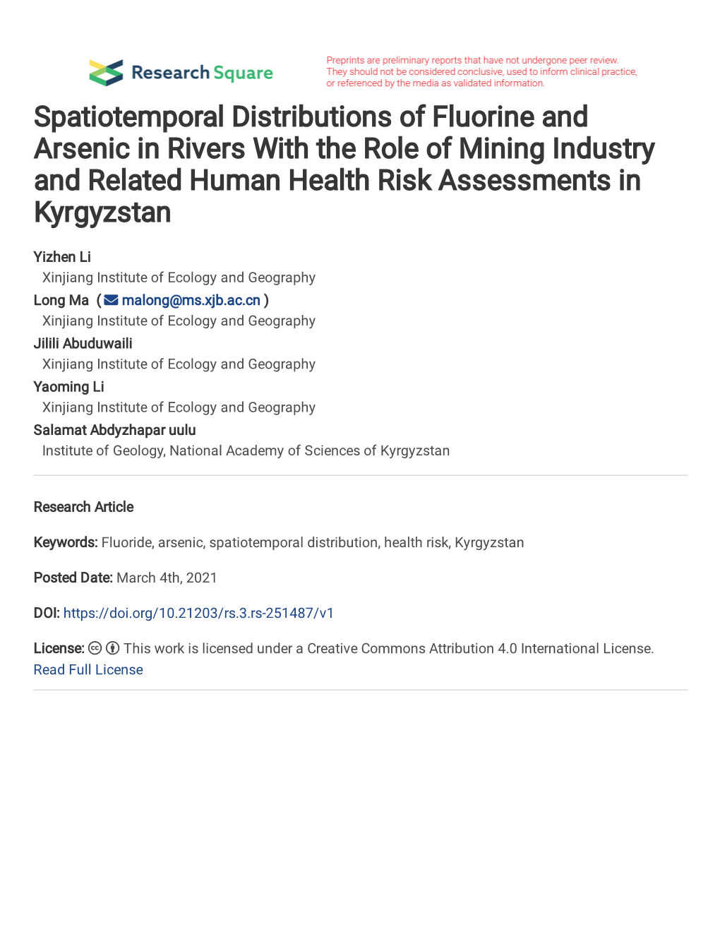 Spatiotemporal Distributions of Fluorine and Arsenic in Rivers with the Role of 1 Mining Industry and Related Human Health Risk