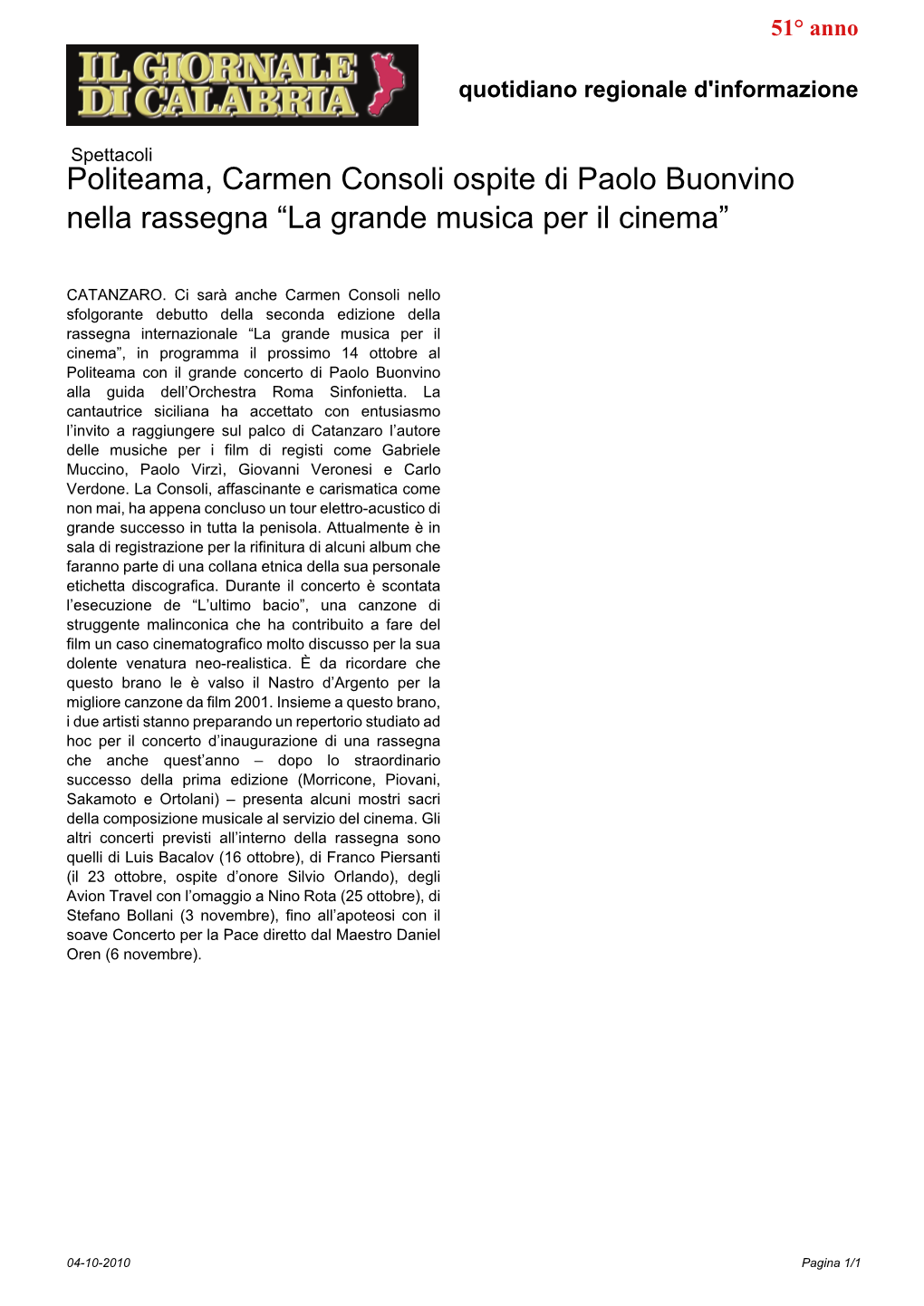 Politeama, Carmen Consoli Ospite Di Paolo Buonvino Nella Rassegna “La Grande Musica Per Il Cinema”